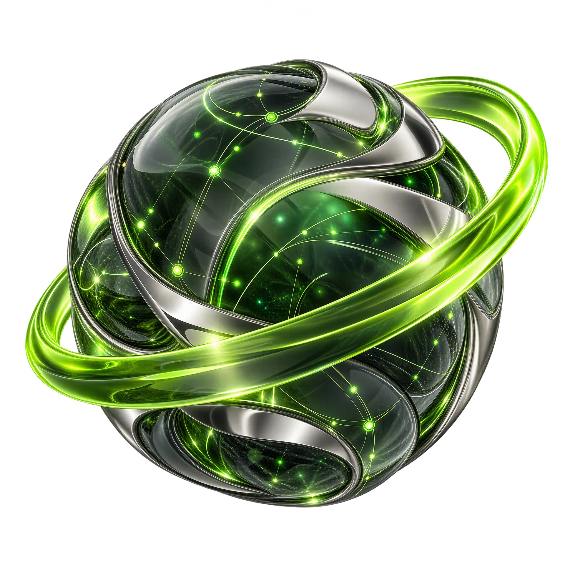 Abstract chrome and glass orb encircled by a vivid green orbital ribbon
